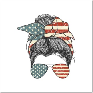 American Mom Messy Bun 4th of July Posters and Art